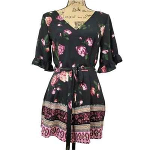 TRIXXI Women's Rose Floral Ruffle Crepe Romper Black Size Small Pink - Picture 1 of 16