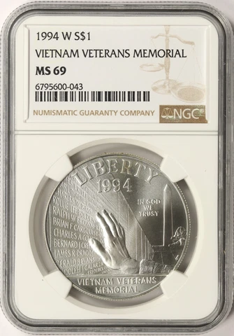 1994-W Vietnam Veterans Memorial $1 Commemorative Silver Dollar NGC MS69 Cover
