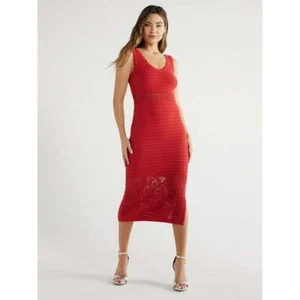Sofia Jeans Women V-Neck Crochet Sweater Dress, Mid Calf Length, Size M Red --Z3 - Picture 1 of 4