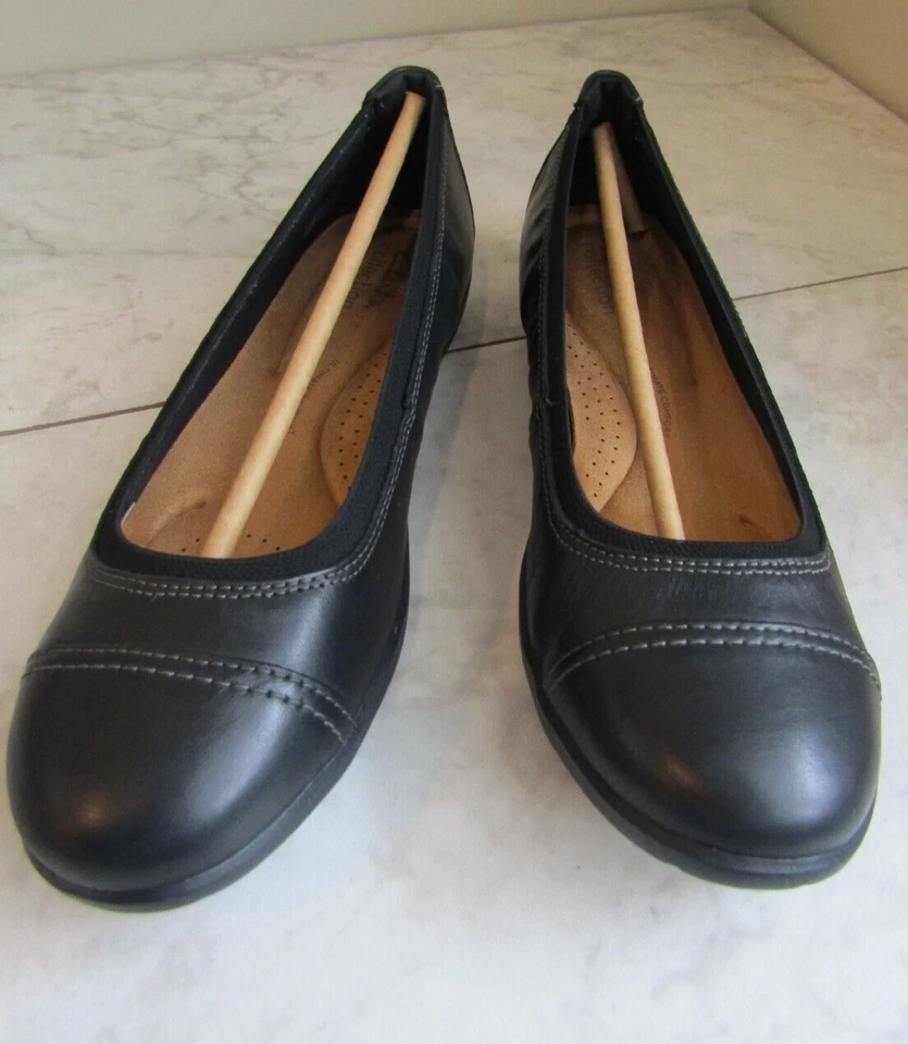 Clarks Collection Meadow Opal Black Leather Slip On Flats Women's 6.5 EU 37