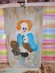 Pintura artística de payaso triste espeluznante de colección de los años 60 madera rescatada firmada con fecha única en su clase - Imagen 1 de 22