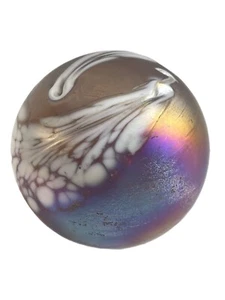 Art Glass Paperweight Iridescent Purple Gold Pink White Spotted Bubbles - Picture 1 of 11