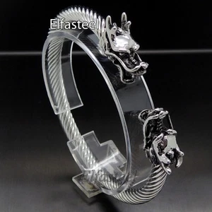 Men Silver Dragon Cable Stainless Steel Cuff Bracelet - Picture 1 of 4