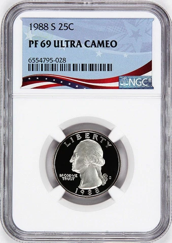 1988-S Washington Proof Quarter, Graded PF69 Ultra Cameo by NGC, Patriotic Label Cover