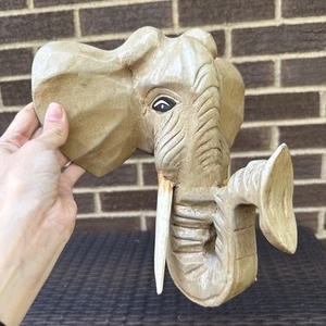 Hand-Carved And Painted Wood Hanging Elephant Head Sculpture Rustic Outsider Art - Picture 1 of 13