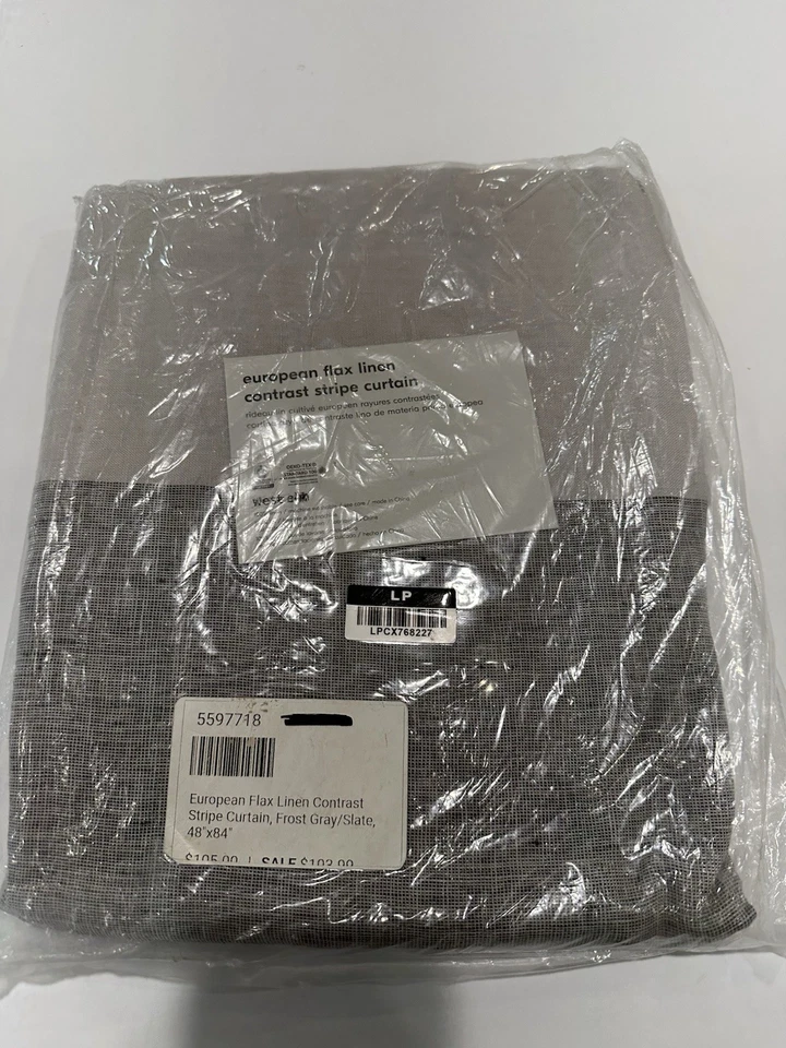 West Elm European Flax Linen Contrast Stripe Frost Gray Slate Curtain ONE 48x84 - Image 1 of 1