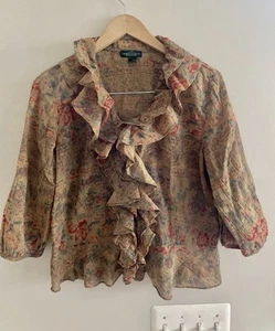 Ralph Lauren Romantic Floral Cotton Ruffled Blouse Size L Farmhouse CottageCore - Picture 1 of 11