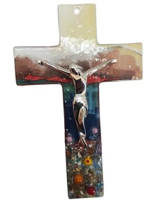Pared Moderna Cristal Murano Crucifijo Cruz Multicolor Azul De Medjugorje 6.3" - Imagen 1 de 16