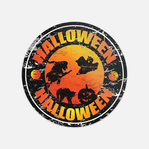 Grunge Halloween Stamp Witch Pumpkin Cat Vinyl Sticker Decal - Picture 1 of 1