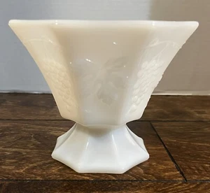 Vtg Anchor Hocking Milk Glass Octagon Compote on Pedestal-Grapes & Leaves (a) - Picture 1 of 8