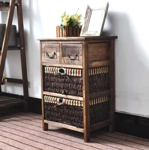 Country-style Cabinet Bed Side Table Vintage Cottage 3 Layers With 2 Baskets - Picture 1 of 9