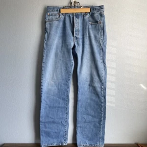 Levis 501 Jeans Button Fly Distressed Denim Size 38x36 Made In Haiti Light Wash - Picture 1 of 8