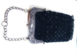 VICTORIAN repousse Silver FRAME Black BEADED PURSE Fringe Deerskin Handbag Vtg - Picture 1 of 20