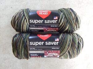 New Red Heart Super Saver Yarn Lot of 2 CAMOUFLAGE #3030 Dark Green Brown Acryic
