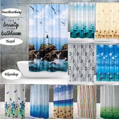 GROßE AUSWAHL Textil Duschvorhang 240 x 200cm Bambus Seestern Delfin Federstange - Bild 1 von 4