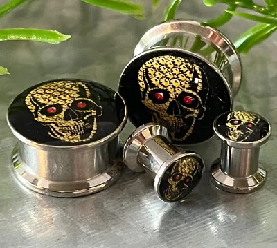 PAR Caveira Amarela com Olhos Vermelhos Parafuso de Aço Plugues Medidores Túneis Earlets - Imagem 1 de 4