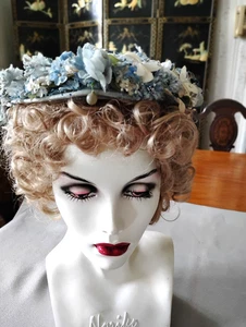 VTG 1940'S LADIES HAT-TINY FLOWERS-BLUE w NETTING-GARDNER PEORIA IL - Bild 1 von 8