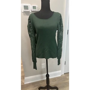 Eyelet Lace Sweater Long Sleeve Lightweight Puff Sleeve Green Cato Women Medium - Picture 1 of 8