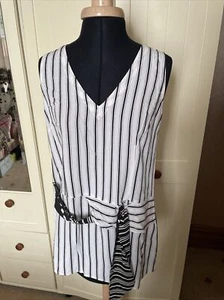 MISS CAPTAIN TREND Ladies White Black Stripe Sleeveless Sash Blouse Size 10 - Picture 1 of 10