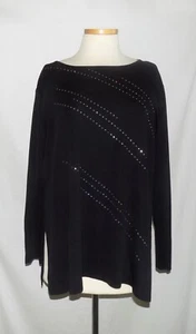Top túnica Misook mujer tejido negro con rayas diagonales de estrás manga larga 1X - Imagen 1 de 4