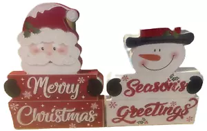 Christmas Wood Sign Decor Merry Christmas &Season's Greetings 6.5" Set Of 2 - Picture 1 of 7
