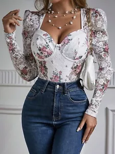 Women's Long Sleeve Lace Floral Bodysuit – Corset Style Sheer Mesh Top - Picture 1 of 8