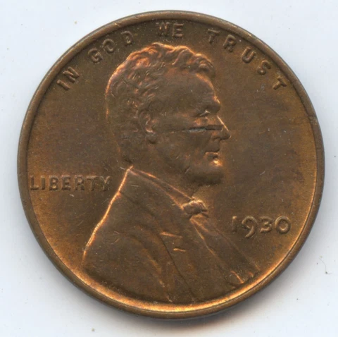 Error 1930 Lincoln Cent (#6631) Red/Brown Unc. Planchet Defect Across Nose Cover