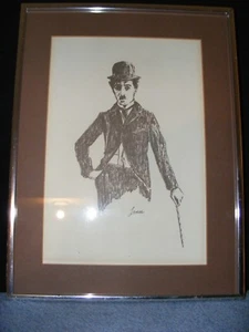 Print of Charlie Chaplin Pencil Drawing Signed Lanse, Framed  12.5" x 16.5" - Picture 1 of 5