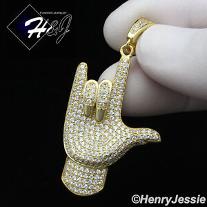 925 STERLING SILVER ICY CUBIC ZIRCONIA GOLD PLATED ROCK N' ROLL HAND PENDANT*171