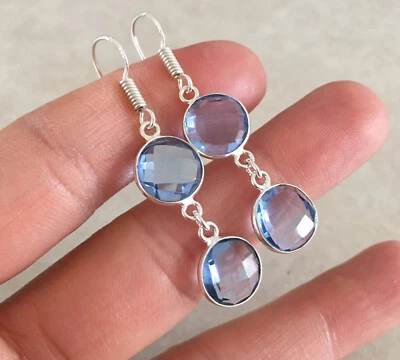 NATURAL ROUND BLUE IOLITE 925 STERLING SILVER DANGLE HOOK EARRINGS 1.75” - Image 1 of 3