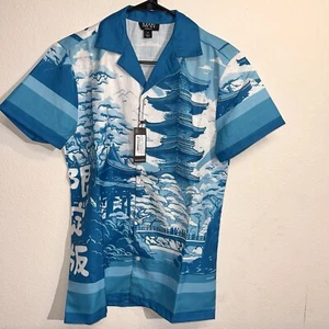 NWT Boohoo MAN Oriental Shirt & Swim Short Set White & Blue Size XS Beach Anime - Picture 1 of 14