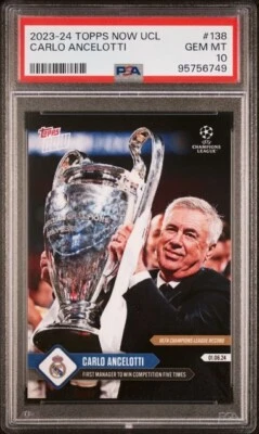 CARLO ANCELOTTI * PSA 10 * 2023-24 TOPPS NOW REAL MADRID *15th UCL TROPHY * #138 - Image 1 of 4