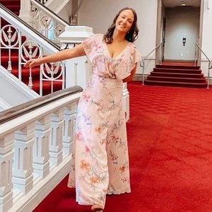 MONIQUE LHUILLIER rosa Blumen Krepp Kurzarm Blumen Gwen Kleid Größe 6 - Bild 1 von 14
