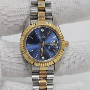 Elgin President Ladies Quartz Watch Blue Fial Fluted Bezel Two Tone New Battery - Picture 1 of 8
