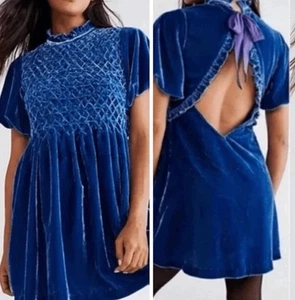 Free People Velvet Mini Dress Womens L Gum Drop Blue Open back Edwardian Boho - Picture 1 of 13