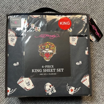 Juego de sábanas Ed Hardy 6 piezas KING negro estampado gráfico Y2K cráneo tarjetas dados Foto 1 de 4