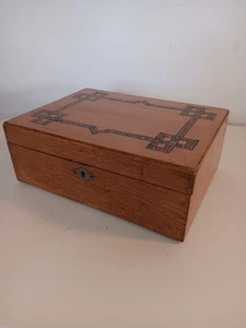 Geometric Vintage Inlaid Pine Jewellery Box 9½" X 7" X 3½" For Restoration - Picture 1 of 9