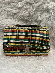 1950s 1960s Lewis British Hong Kong Multi Colored Woven Coated Wicker Purse, MCM - Picture 1 of 11