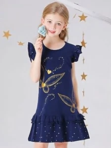 New Nicillie Girls Sleepwear Gold Glitter Butterfly Hearts Navy Blue Dress-Girly - Picture 1 of 7
