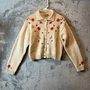 Vintage Floral Embroidered Knit Cardigan Y2K Cottagecore Wool Alpaca Blend Large - Picture 1 of 5