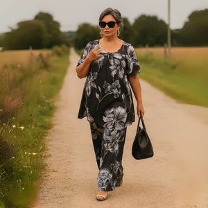 ROCKTHOSECURVES WOMENS PLUS SIZE 2-PIECE OUTFIT GREY FLORAL TROUSERS + SMOCK TOP - Picture 1 of 7