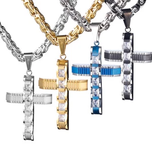 Hot Men Stainless Steel Cross Pendant Gold Silver Black Necklace Byzantine Chain - Picture 1 of 48