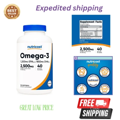 Aceite de pescado Nutricost Omega 3 - 2500 mg, 120 cápsulas blandas (40 porciones) - 3x fuerza Foto 1 de 4