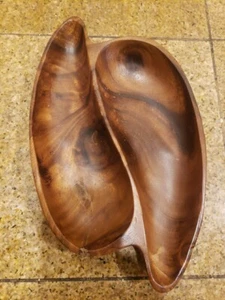 Monkey Pod Wood 2 Section Snack Nut Whale Fish Tiki Party Dish Serving Tray Bowl - Picture 1 of 15