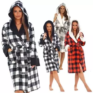Damen Luxus Flanell Büffel kariert dick Sherpa Borg Vlies Zierleiste Kleid Bademantel - Bild 1 von 21