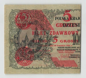 POLAND 5 Grosz 1924, P-43a, Left Half, Overprinted Type, Original EF Grade.  B7 - Picture 1 of 2