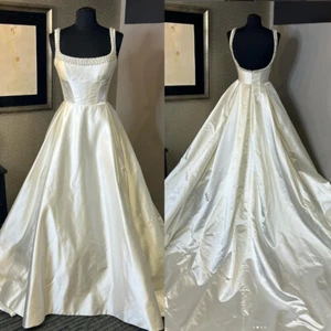 Beaded Wedding Dresses Victorian Elegant Satin Sweep Train A Line Bridal Gowns - Picture 1 of 10