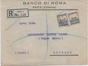 Palestine UNIQUE COVER REG TO ITALY BANCO DI ROMA HAIFA PALESTINA TO LUZZAHA - Picture 1 of 2