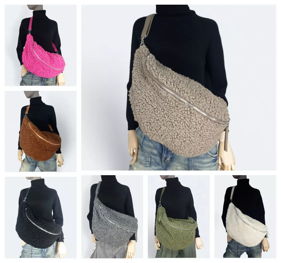 XXL Plüsch Bauchtasche Puschel Umhängetasche Teddy Crossbodytasche Ledergurt - Bild 1 von 1