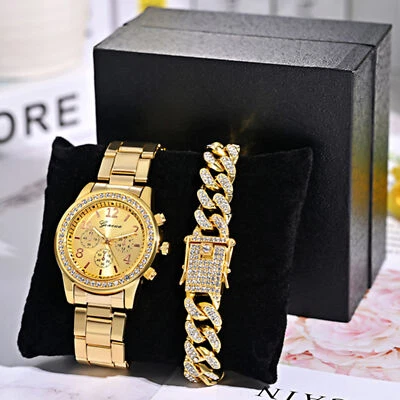 Reloj Hip Hop Chapado en Oro Helado Lujo Bling Circonita C Banda de Acero con Pulsera de Cadena Cubana Foto 1 de 4